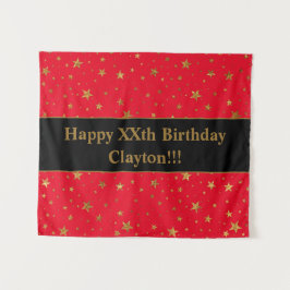 Tapiz Estrellas de oro con mensaje de cumpleaños rojo