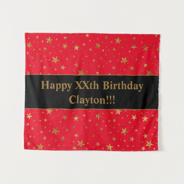 Tapiz Estrellas de oro con mensaje de cumpleaños rojo (Anverso (horizontal))