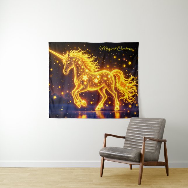 Tapiz Estrellas luminosas de oro de fantasía de unicorni (In situ (horizontal))