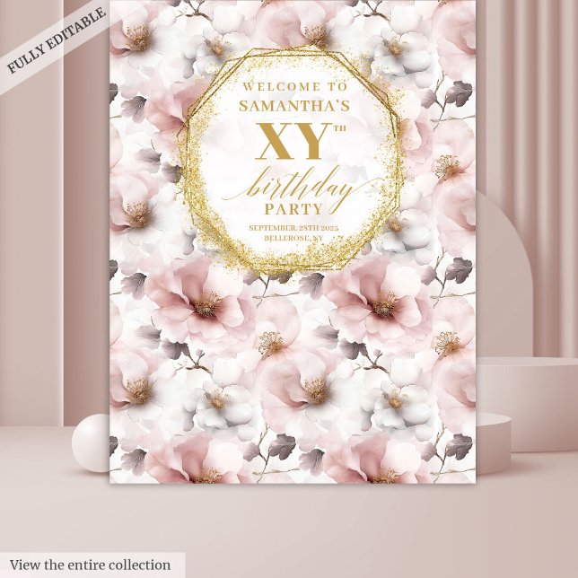 Tapiz Estuche de fotos del cumpleaños de la floral rosa  (Lovely Dusty Pink Floral Birthday Photo Booth Tapestry )