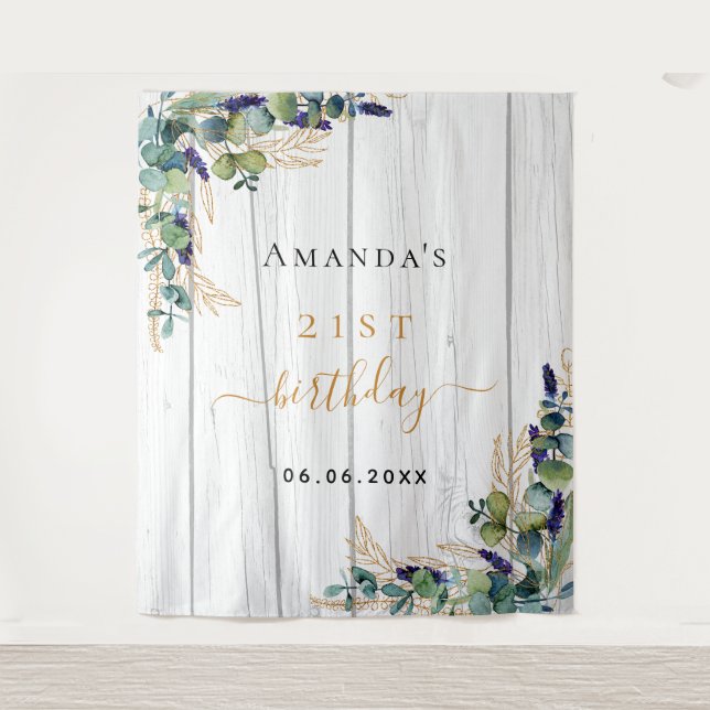 Tapiz Eucalipto verde cumpleaños madera rústica nombre (Anverso)