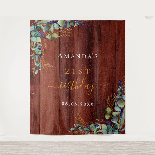 Tapiz Eucalipto verde de cumpleaños madera marrón rústic (Anverso)