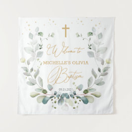 Tapiz Eucalyptus Green Cross Baby Baptism Tapestry
