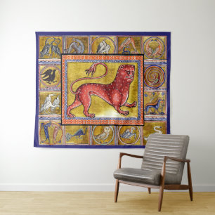 TAPIZ EXTRAÑO BESTIARIO MEDIEVAL, LEOPARD, ANIMALES FORE
