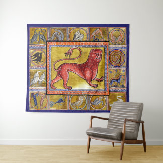 TAPIZ EXTRAÑO BESTIARIO MEDIEVAL, LEOPARD, ANIMALES FORE