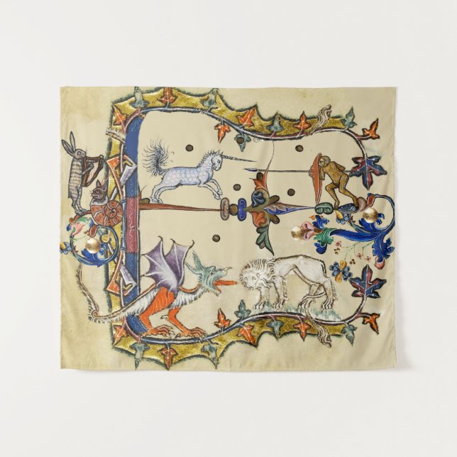TAPIZ EXTRAÑO BESTIARIO MEDIEVAL, MONO DE LUCHA UNICORN (Anverso (horizontal))