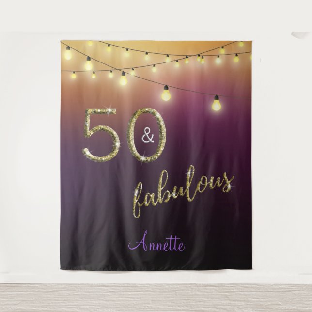 Tapiz Fabulous 50 Gold Purple Lights Photo Backdrop (Anverso)