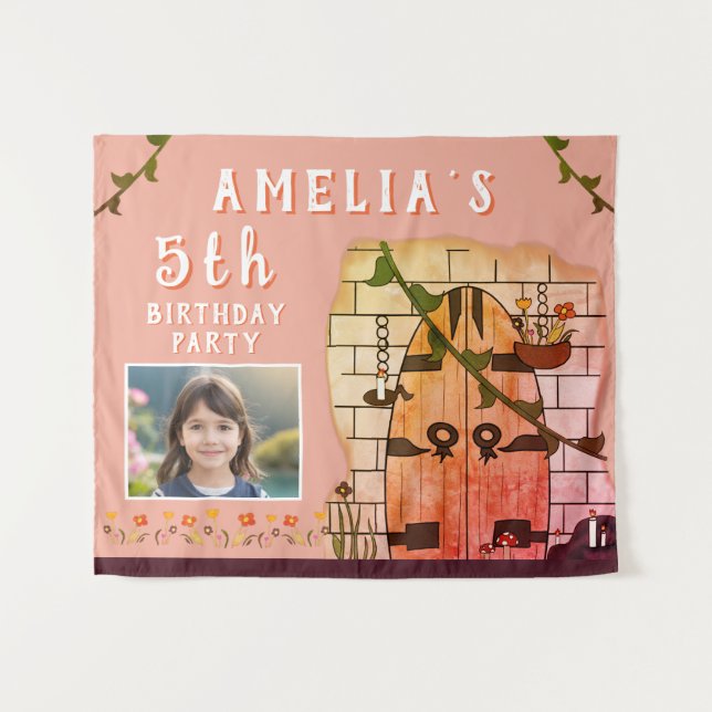Tapiz Fairy Tale Castle Door Flower Birday Party Photo (Anverso (horizontal))