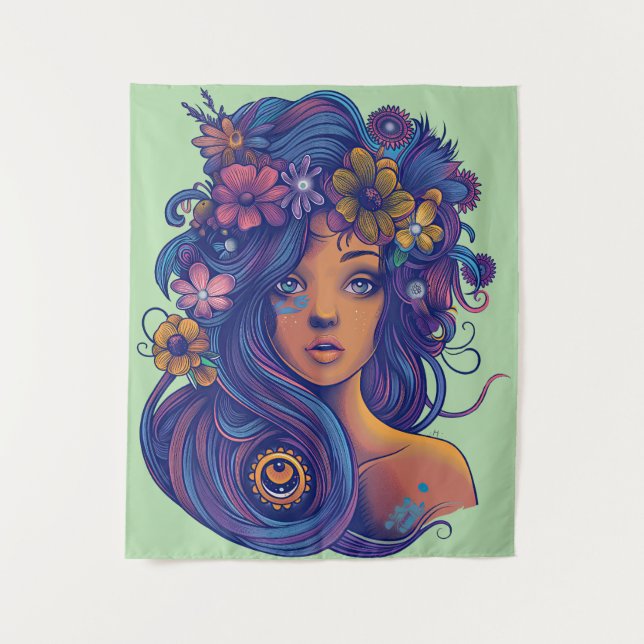 Tapiz Fantasía de Boho con pelo floral (Anverso)