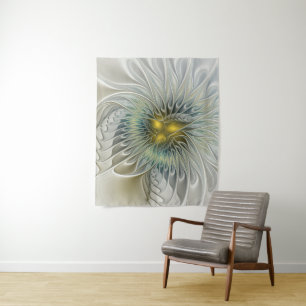 Tapiz Fantasía de flor de plata dorada Arte fractal abst