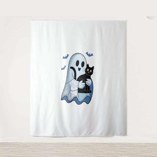 Tapiz Fantasma de Denim Azul y Gato de Halloween (Anverso)