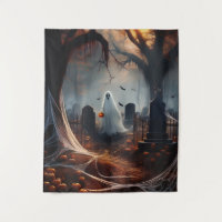 Fantasma feliz de Halloween en un cementerio