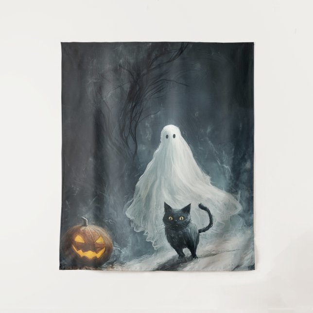 Tapiz Fantasma y gato negro de Halloween (Anverso)