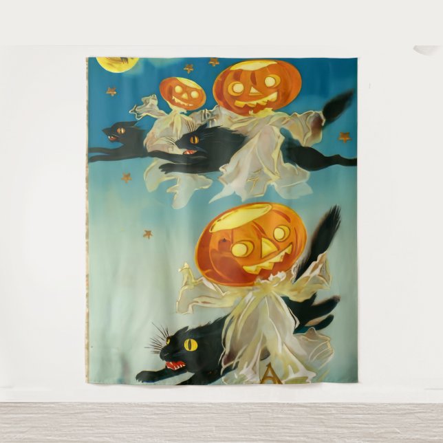 Tapiz Fantasmas de calabaza de Halloween y gatos negros (Anverso)
