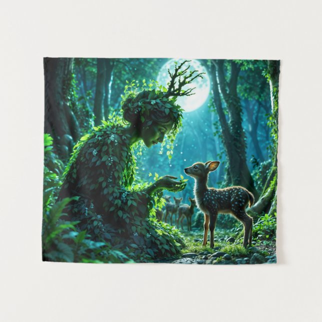 Tapiz Fantasy woodland goddess and gentle deer art (Anverso (horizontal))