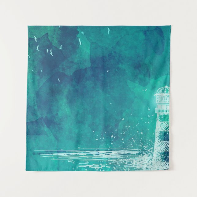 Tapiz Faro y gaviotas - Watercolor Ocean Scene (Anverso)