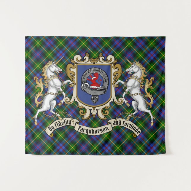 Tapiz Farquharson Clan Badge & Unicorns con Tartán (Anverso (horizontal))