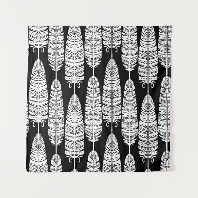 Tapiz Feathers boho: patrón blanco y negro (Anverso)