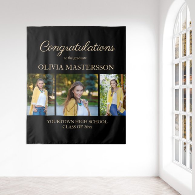 Tapiz Felicitaciones a la Moderna Graduación de Fotograf (Black 3-photo graduation wall tapestry)