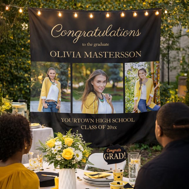 Tapiz Felicitaciones de graduación de 3 fotos en negro m (Black 3-photo graduation party tapestry)