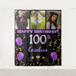 Tapiz Feliz 100 cumpleaños, Purpurina morado y 3 fotos