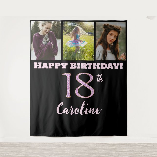 Tapiz Feliz 18º cumpleaños, Purpurina rosado y 3 fotos (Anverso)