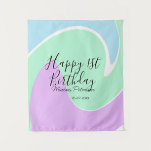 Tapiz Feliz 1er cumpleaños rosa verde azul acrílico derr