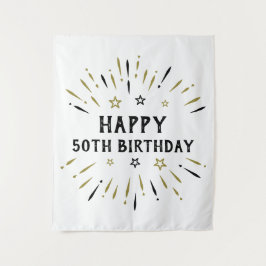 Tapiz Feliz 50 aniversario de fuegos artificiales Oro Bl