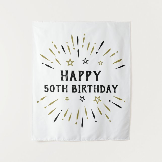 Tapiz Feliz 50 aniversario de fuegos artificiales Oro Bl (Anverso)