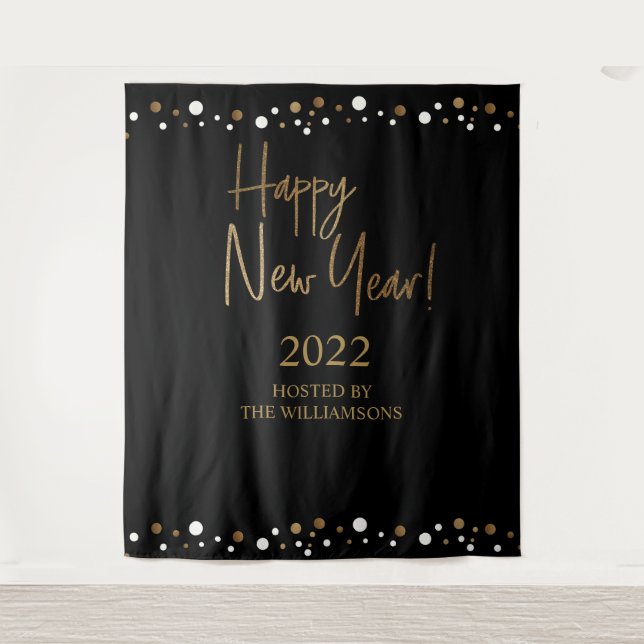 Tapiz Feliz Año Nuevo 2022 Script Black Gold Personaliza (Anverso)