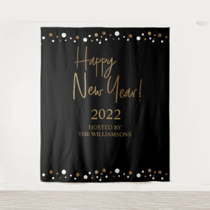 Tapiz Feliz Año Nuevo 2022 Script Negro Oro Personalizad