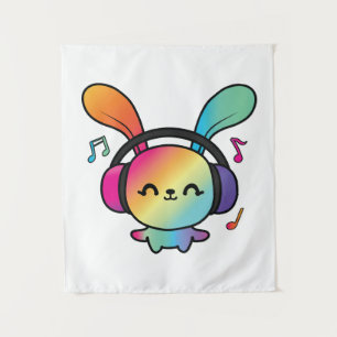 Tapiz Feliz Conejo con auriculares escuchando música.