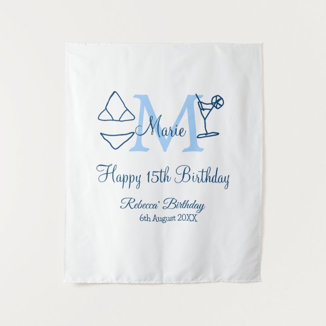 Tapiz Feliz cumpleaños 15 azul agregar nombre monograma  (Anverso)