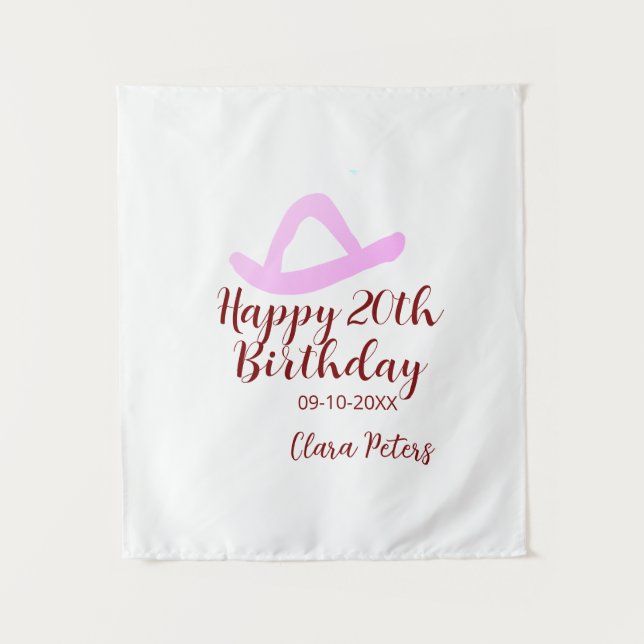 Tapiz Feliz cumpleaños 20 rosa chica vaquera nombre fech (Anverso)