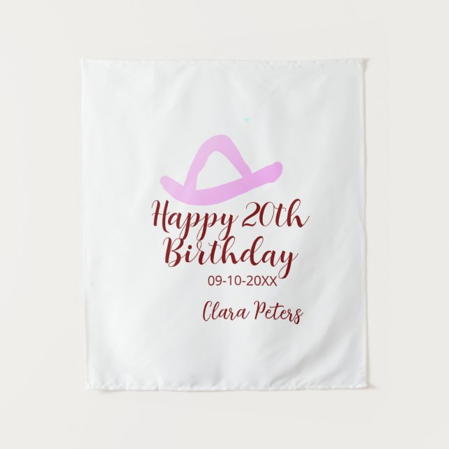 Tapiz Feliz cumpleaños 20 rosa vaquera chica nombre fech (Anverso)