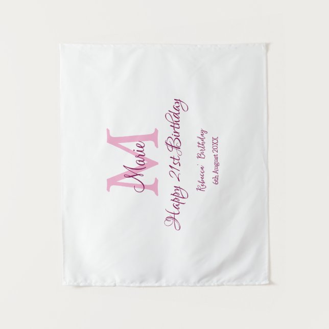 Tapiz Feliz cumpleaños 21 rosa agregar nombre monograma  (Anverso)