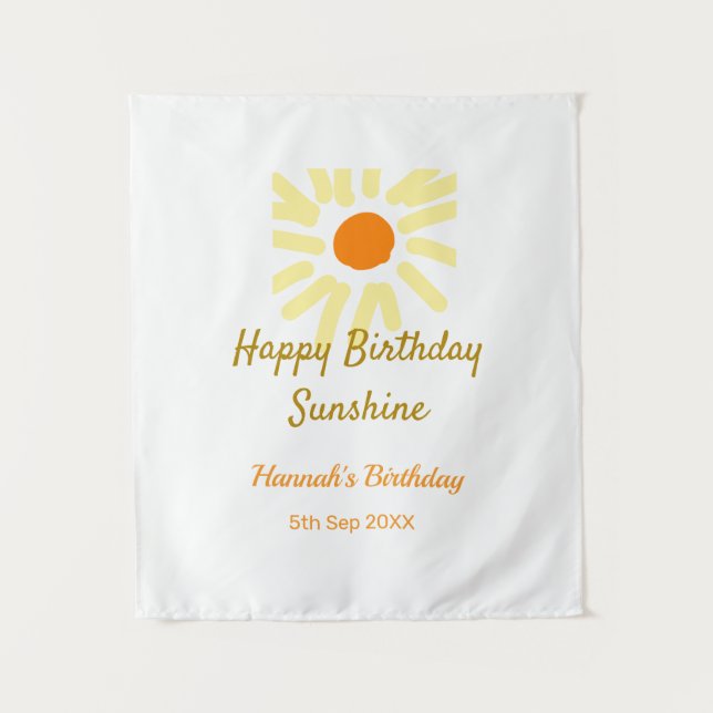 Tapiz Feliz cumpleaños amarillo naranja sol boho (Anverso)