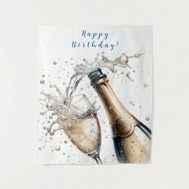 Tapiz Feliz cumpleaños con champán burbujeante (Anverso)