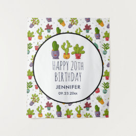 Tapiz Feliz Cumpleaños Divertido Cactus Bonito en Maceta