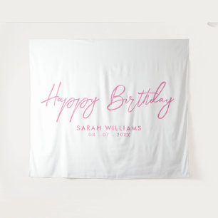 Tapiz Feliz Cumpleaños Escritura Moderna Rosa y Blanco