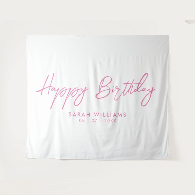 Tapiz Feliz Cumpleaños Escritura Moderna Rosa y Blanco (Anverso (horizontal))