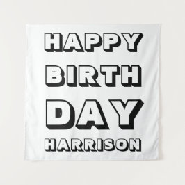 Tapiz Feliz Cumpleaños negro blanco nombre personalizado