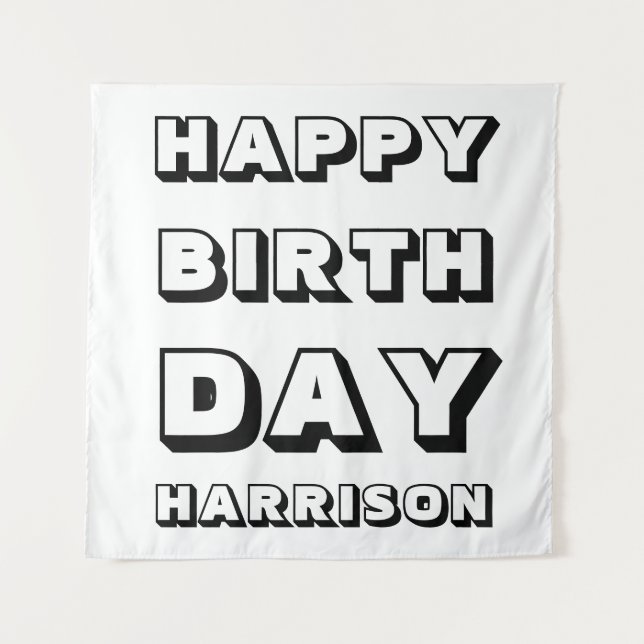 Tapiz Feliz Cumpleaños negro blanco nombre personalizado (Anverso)