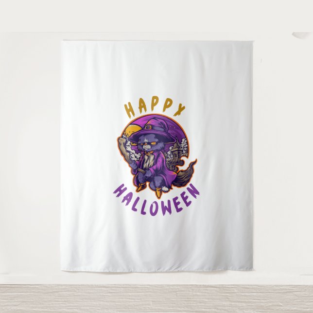 Tapiz Feliz Gato de Brujas de Halloween (Anverso)