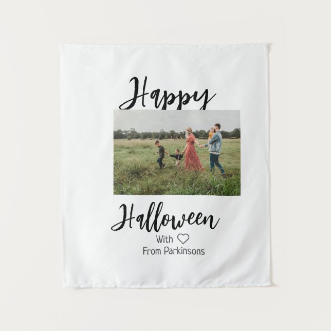 Tapiz Feliz Halloween agregar nombre de familia foto sim (Anverso)
