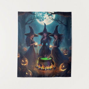 Tapiz Feliz Halloween Brujas Elaboran Bajo Luna Llena