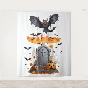 Tapiz Feliz Halloween Cabeza de Piedra y Murciélagos Vam
