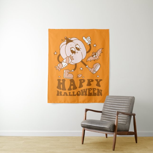 Tapiz Feliz Halloween| Calabaza de punto de Polka retro (In situ)