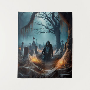 Tapiz Feliz Halloween Grim Reaper en un cementerio