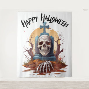 Tapiz Feliz Halloween Head Stone Y Skeleton